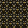 Vector seamless Christmas pattern with golden garlands and snowflakes on black background. Royalty Free Stock Photo